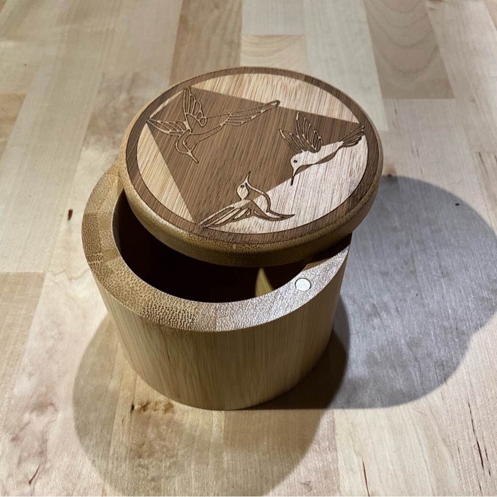 Bamboo Salt Box With Laser Engraved Bird Design